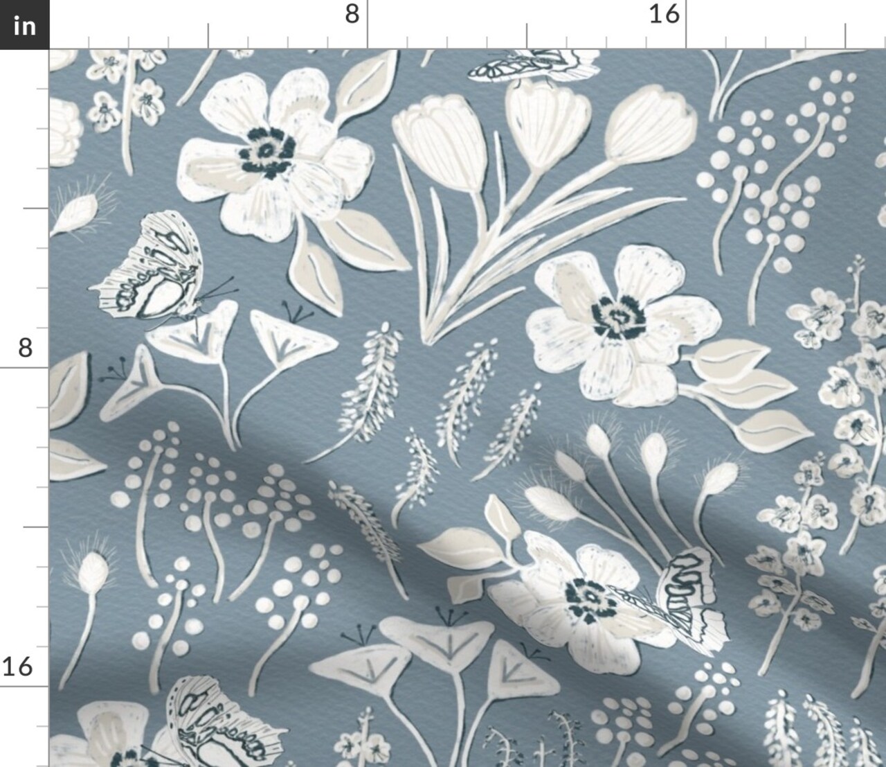 Soft Blue Floral Cream Flowers Wildflower Garden Large Scale Romantic Custom Printed Fabric by Spoonflower Various Fabrics by the Yard or Fat Quarter